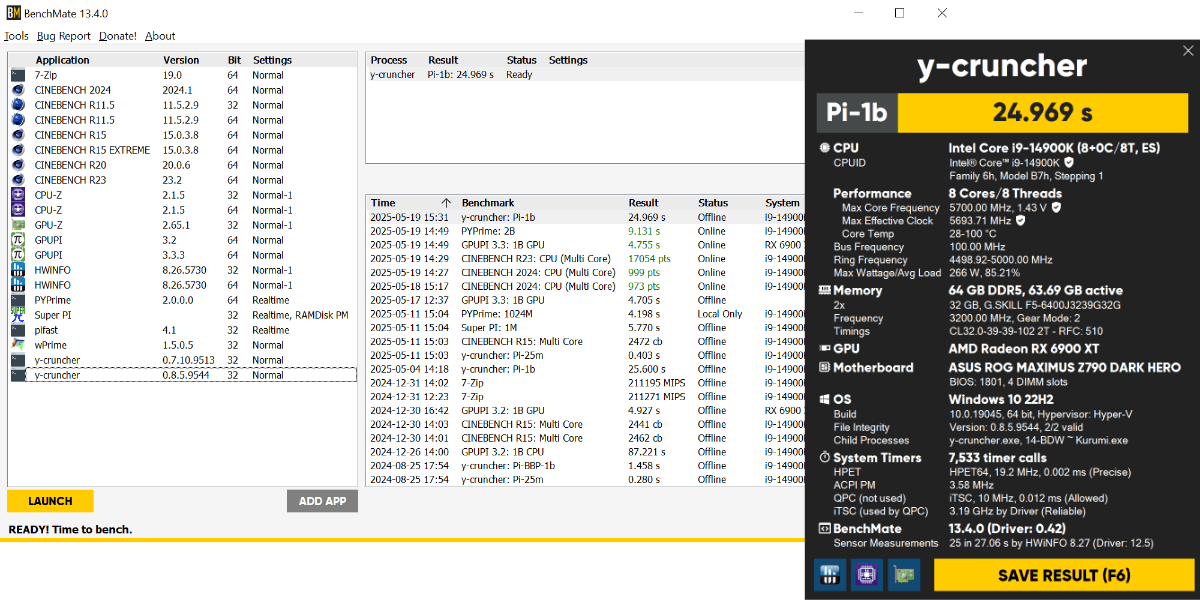 Screenshot of BenchMate including a result validation window